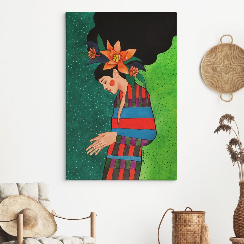 Canvas schilderij Vrouw in gestreepte jurk met oranje bloemen - Hülya