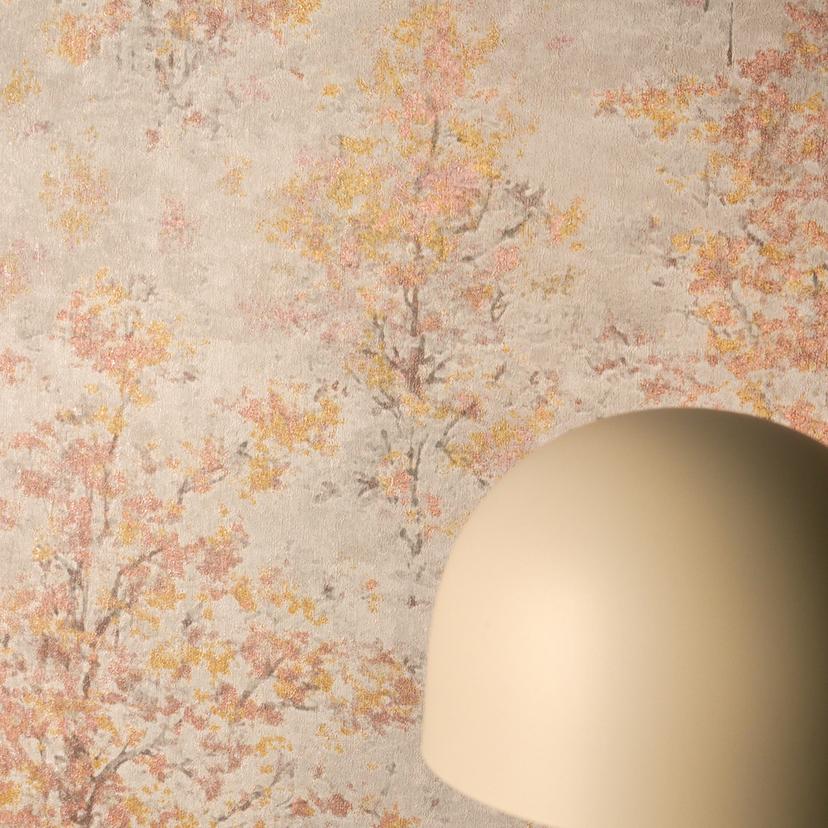 Papier peint intissé Astrid Whispering Woods beige jaune marron - papier peint forêt arbres aquarell