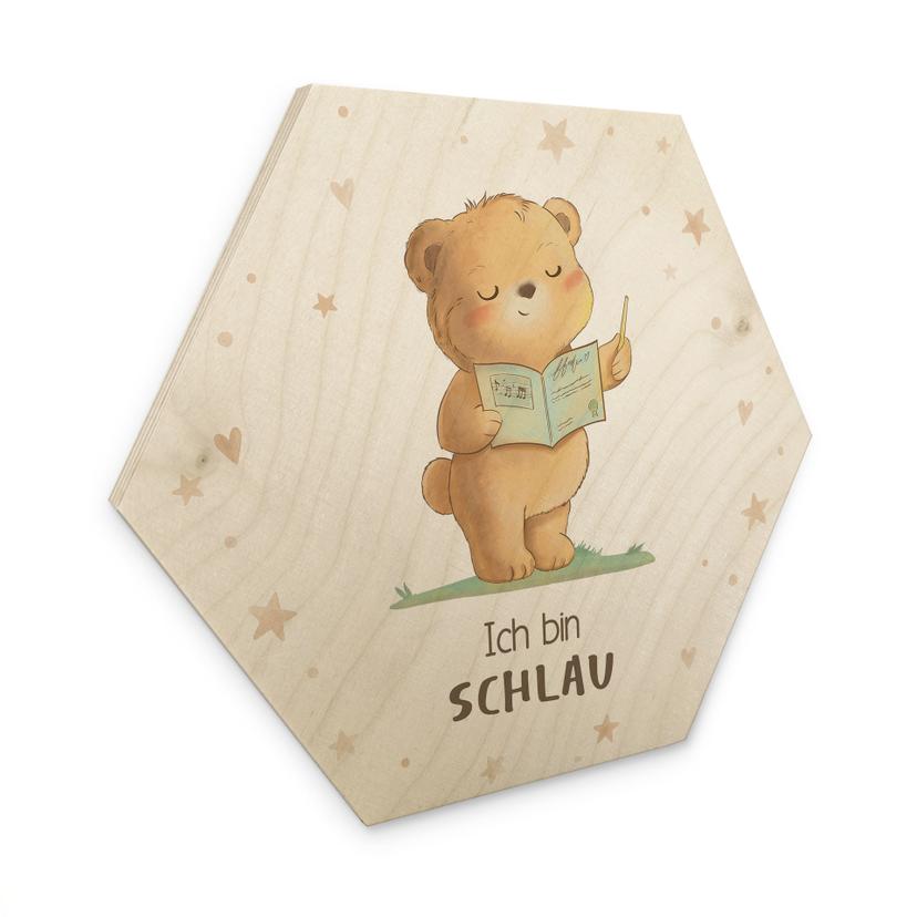 Holzbild Hexagon mit Bär und Buch - Bestärkung 'Ich bin schlau'