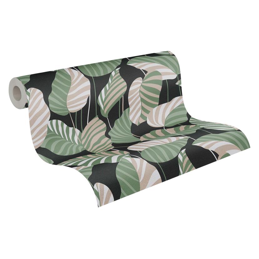 Papel pintado hojas verde negro - plantas papel pintado no tejido floral moderno