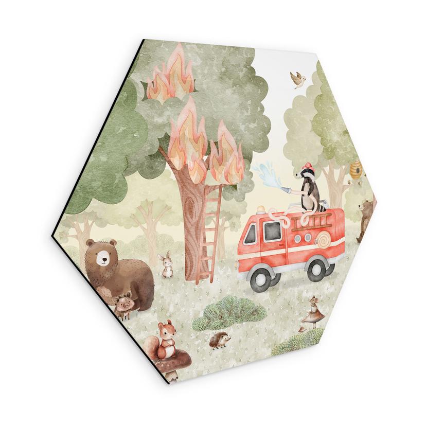 Hexagon Wanddecoratie Dieren Brandweer in het Bos - Oliver Robins - Alu-Dibond