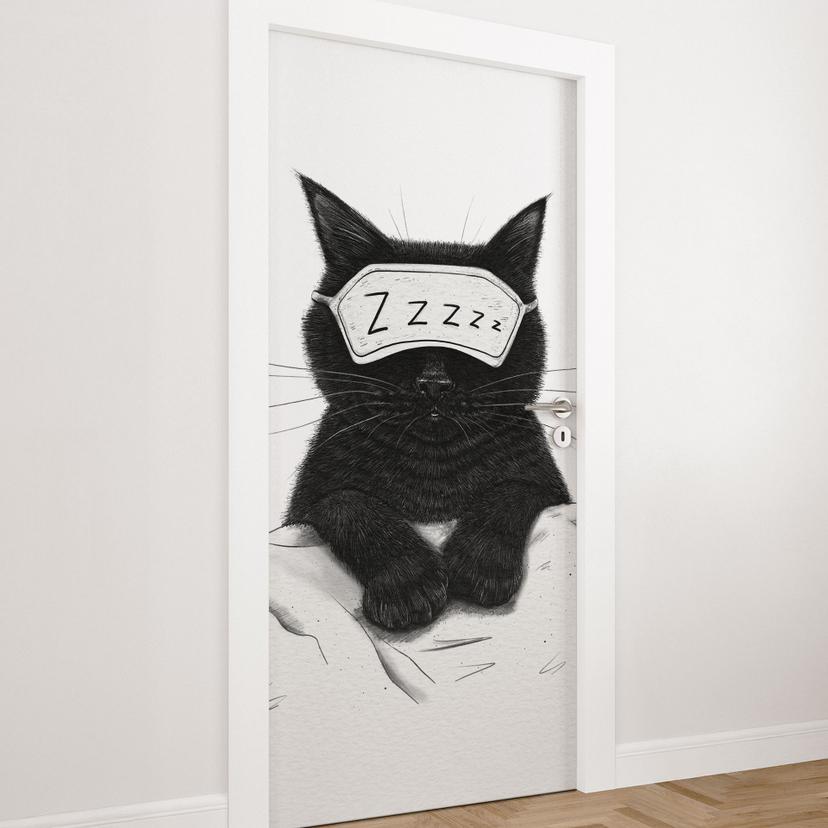 Türfolie Schwarze Katze mit Schlafmaske - Korenkova