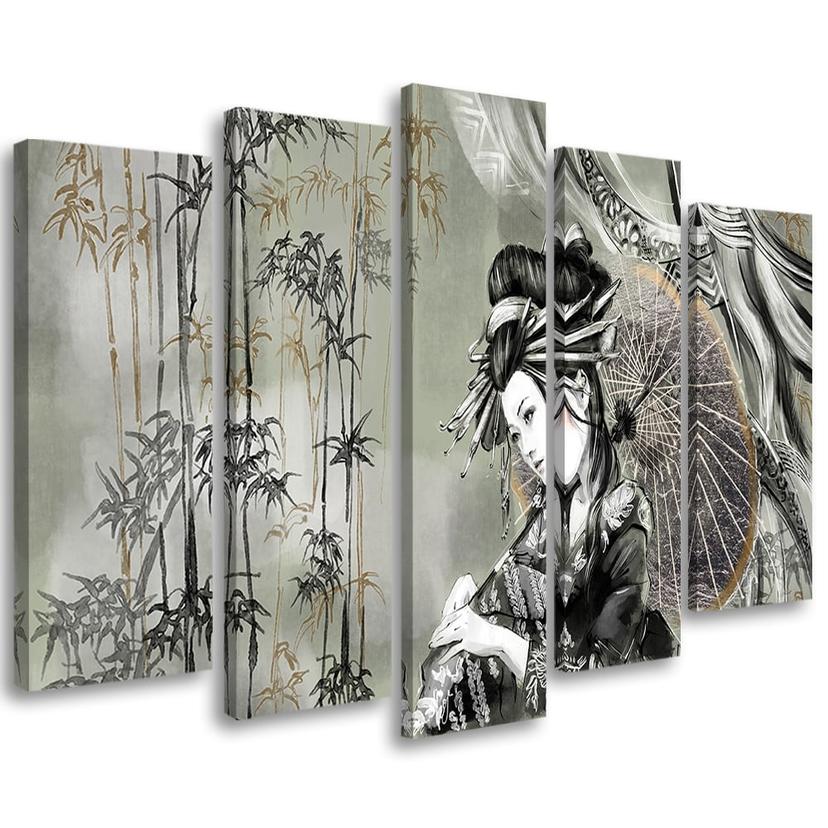 Lærred print 5 dele, geisha og bambus
