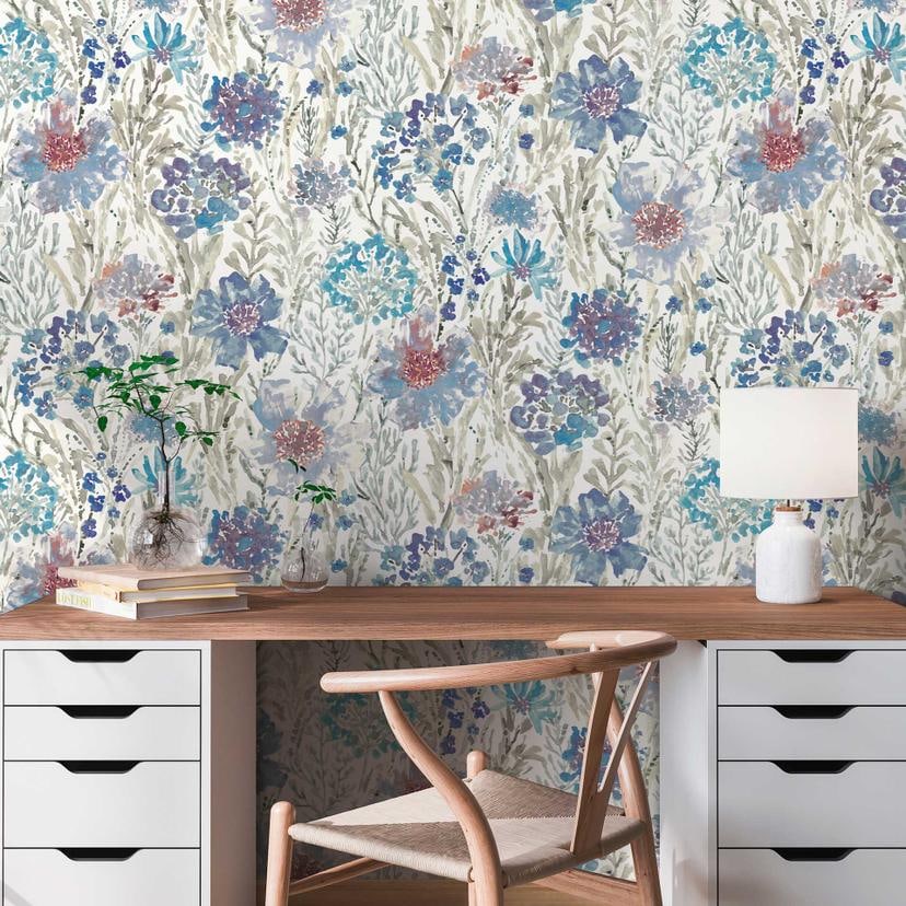 Papier peint fleuri Aquarelle bleu gris - papier peint intissé floral - élégant