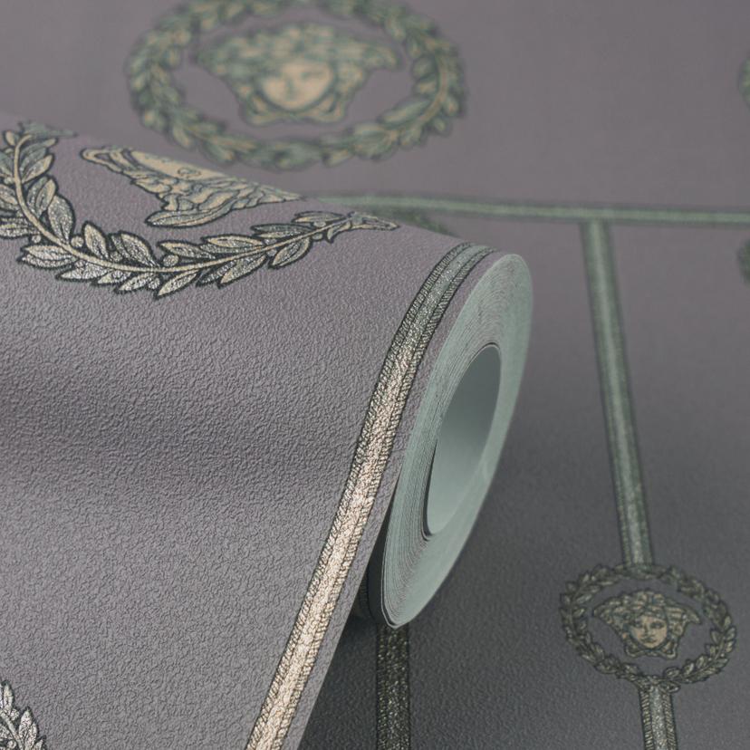 Versace Vliesbehang onderrand medusa hoofd grijs zwart zilver metallic