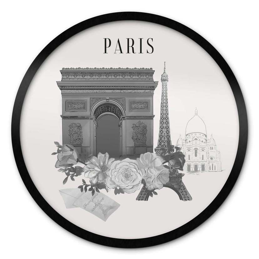 Love your City - Paris schwarz-weiß Poster Rund Zeichnung
