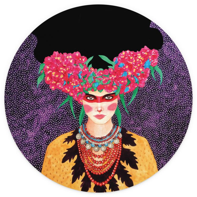 Fotomurale Donna con corona di fiori e amido - Hülya - Rotondo - Autoadesivo/non tessuto
