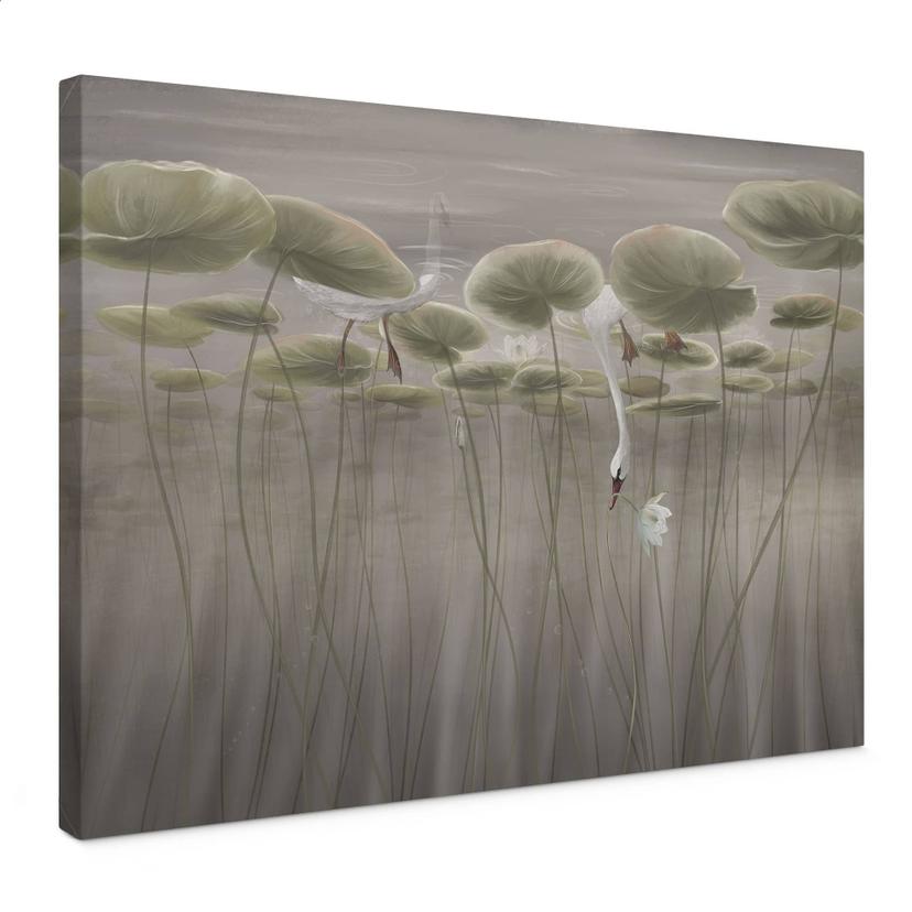 Canvas schilderij lotusbloemen met zwaan in water in grijs - Ms Tiff