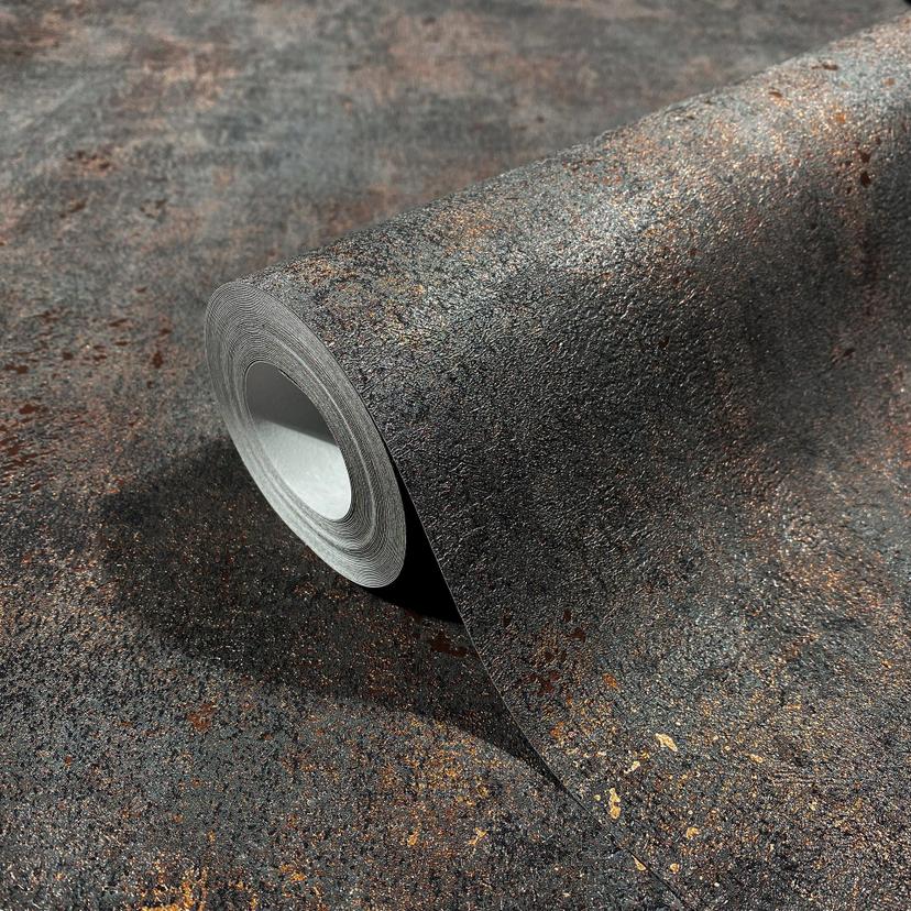 Papel pintado no tejido con aspecto de hormigón liso negro ligeramente brillante