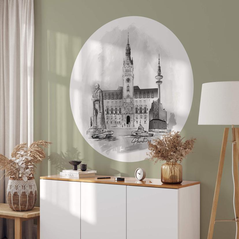 Wallsticker Hamburg - Sort og hvid - Rund - Elsk din by