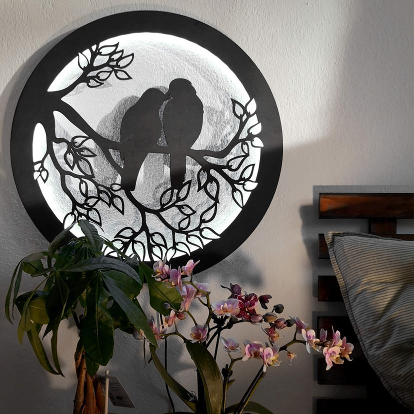 Décoration lumineuse LED en MDF - Deux oiseaux sur une branche