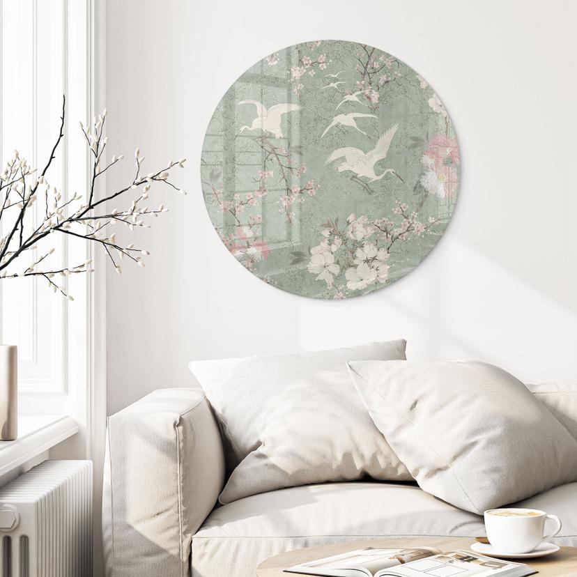 Glasbild Kraniche im Kirschblüten-Rausch Grün - Bloomery Decor - Rund