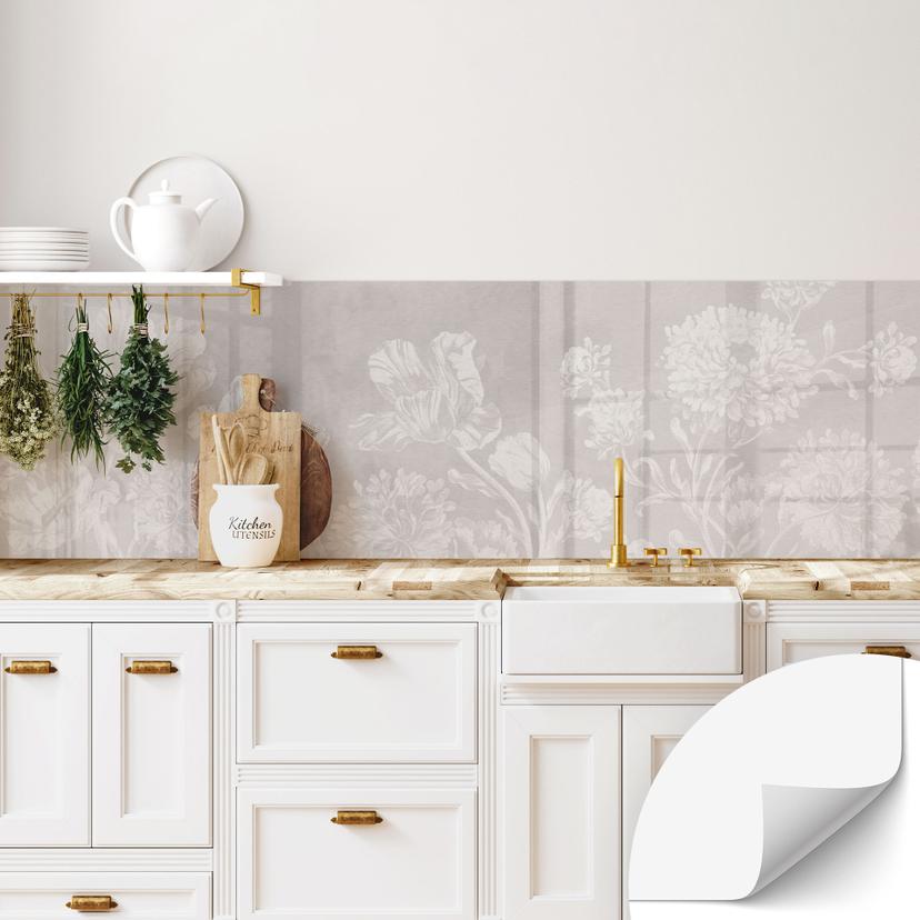 Selvklæbende stænkplade til køkken med vilde blomster i kridtlook beige - Bloomery Decor