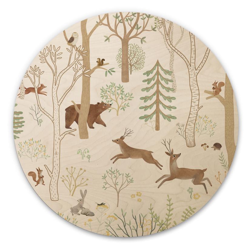 Houten Wanddecoratie Vrolijk Bosleven met Dieren - Oliver Robins - Rond