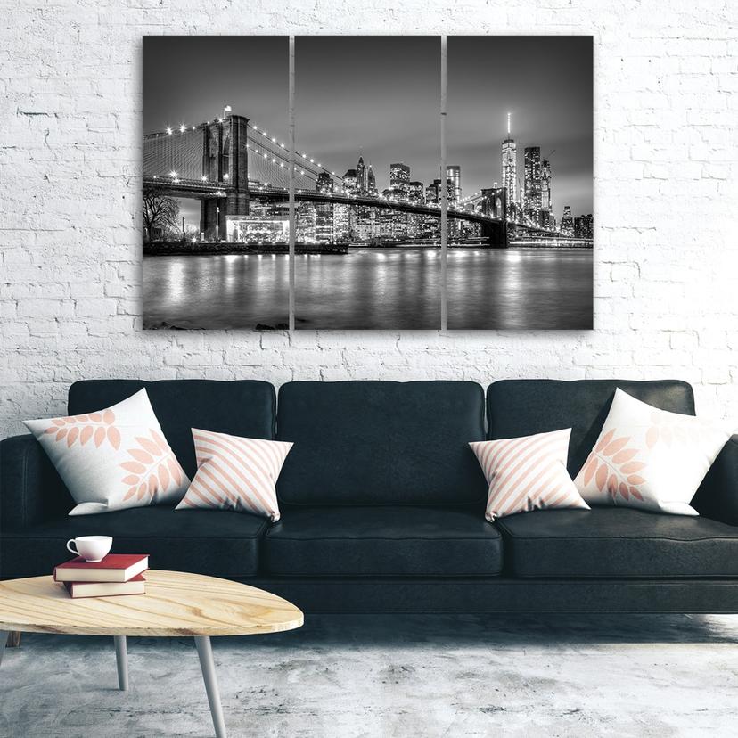 Stampa su tela 3 pezzi, New York Brooklyn Bridge in bianco e nero