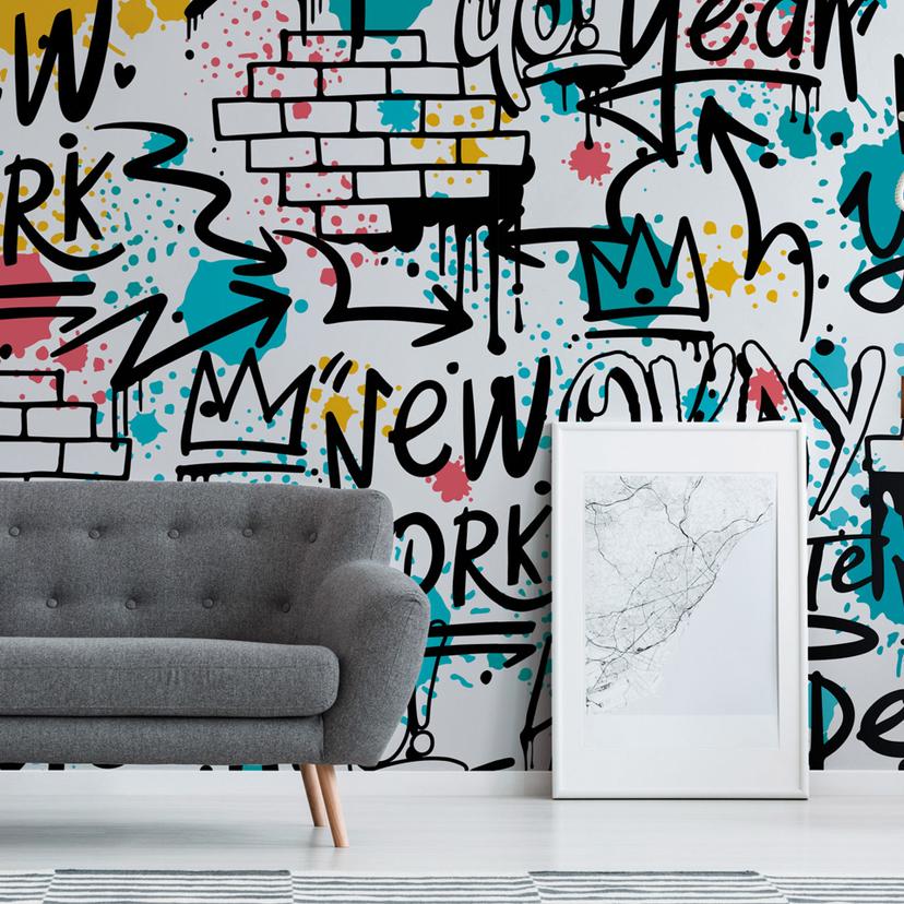 Graffiti street art tapet farverigt hvidt 3,75 x 2,50 m - Fototapet til ungdomsværelse New York