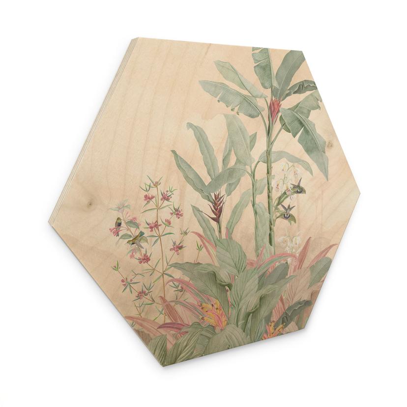 Sekskantet billede af træ tropisk idyl med kolibri abrikos - Bloomery Decor
