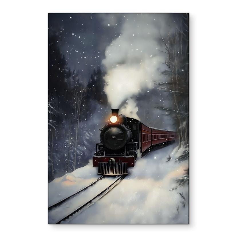 Billede af damplokomotiv i en snedækket skov - Melloi Art Prints – print på aluminium (Alu-Dibond)