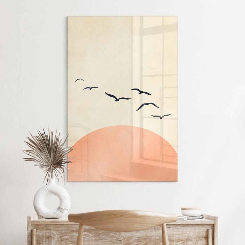 Tableau sur verre acrylique Essaim d'oiseaux au coucher du soleil - Kubistika