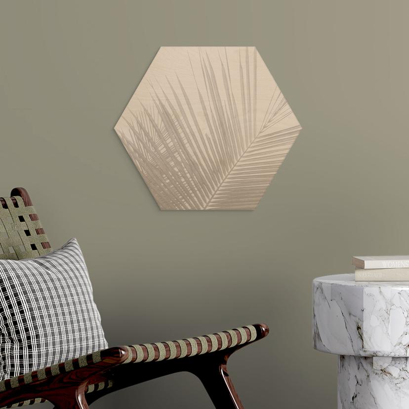 Stampa su legno esagonale di foglie di palma in look lino - Bloomery Decor