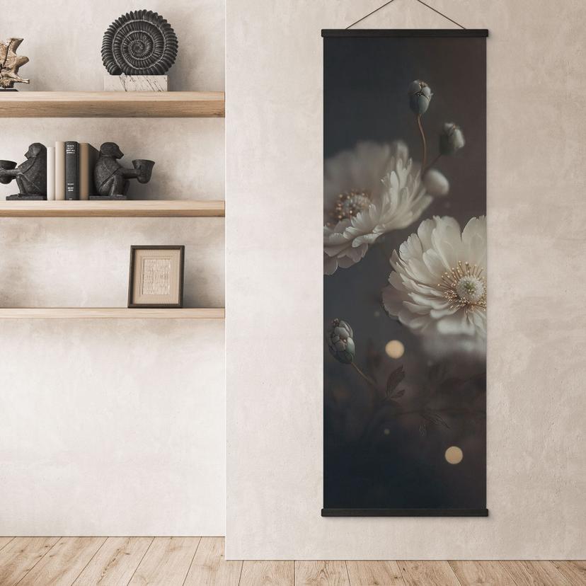 Stoffbild Weiße Blumen mit Goldstaub - Treechild - Panorama