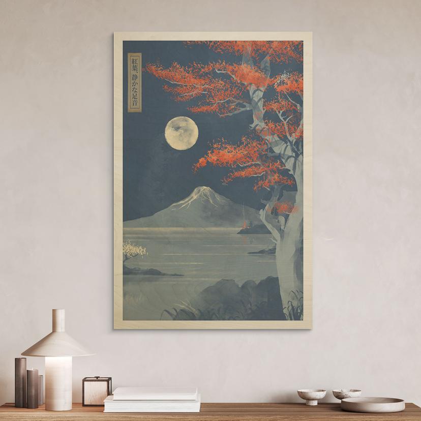Stampa su legno della luna piena sulla cima del Fuji-san - Roze