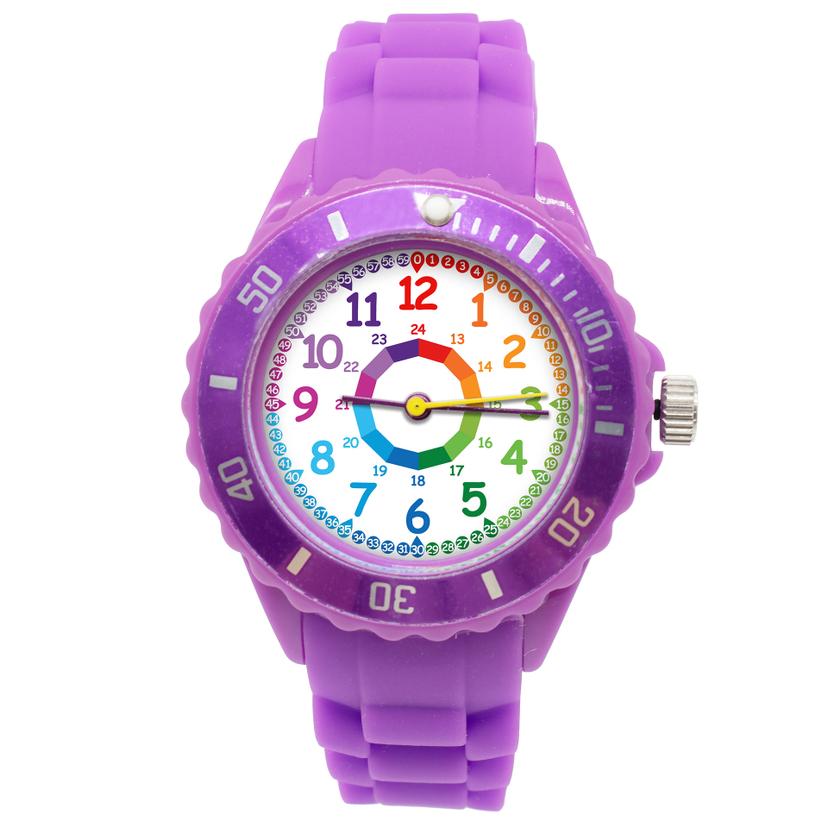Kinder Armbanduhr - Lernuhr analog aus Silikon - Lila mit Regenbogen Zifferblatt