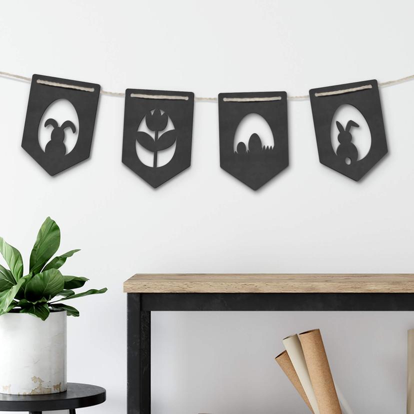 MDF - Decoración en madera - Cadena de banderines de Pascua (set de 4) incl. cuerda de algodón