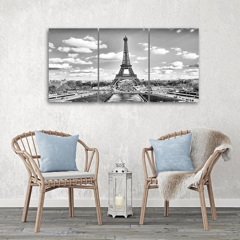 Stampa su tela 3 pezzi Torre Eiffel in bianco e nero