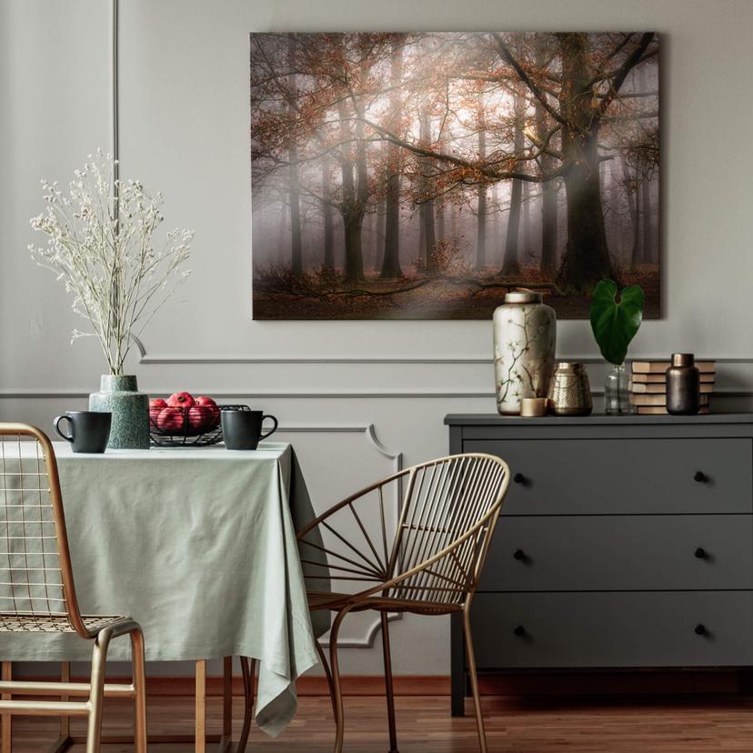 Tableau en verre acrylique Dingemans - brouillard dans la forêt d'automne