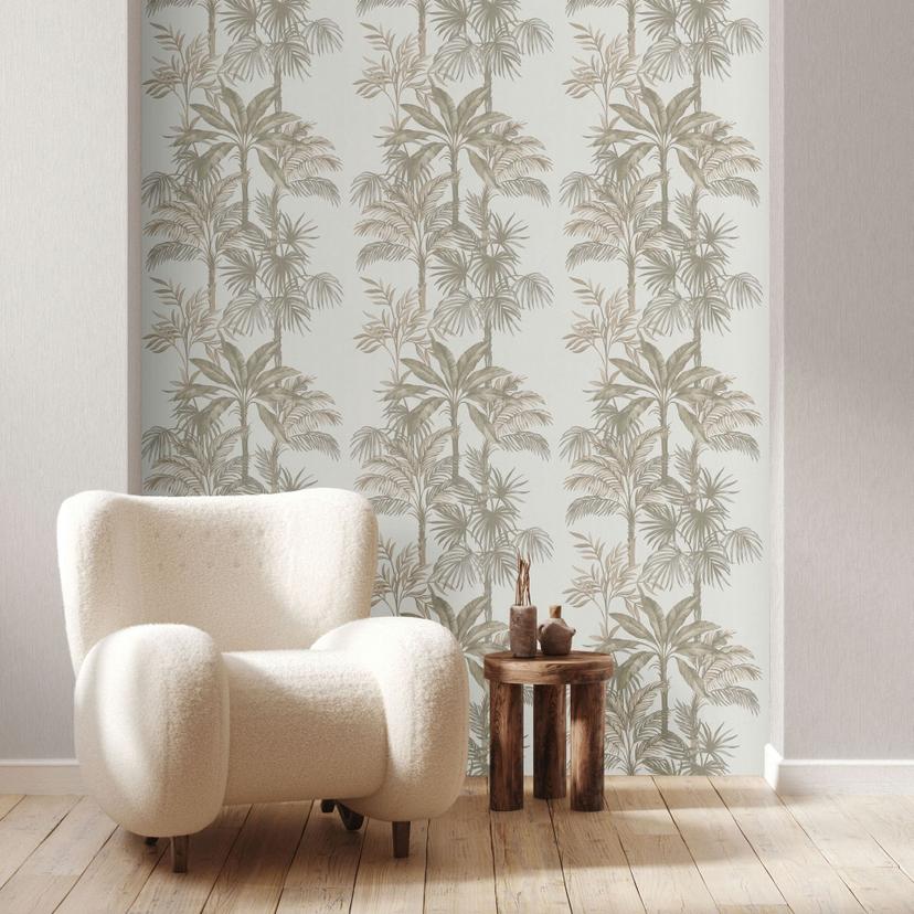 Non-woven tapet i hvid beige træer blade jungle blomster natur