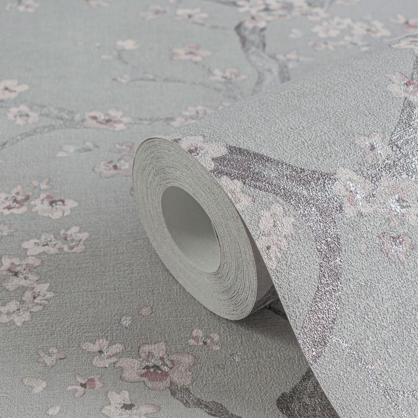 Papel pintado rama en flor gris blanco rosa - Papel pintado no tejido con flores de cerezo