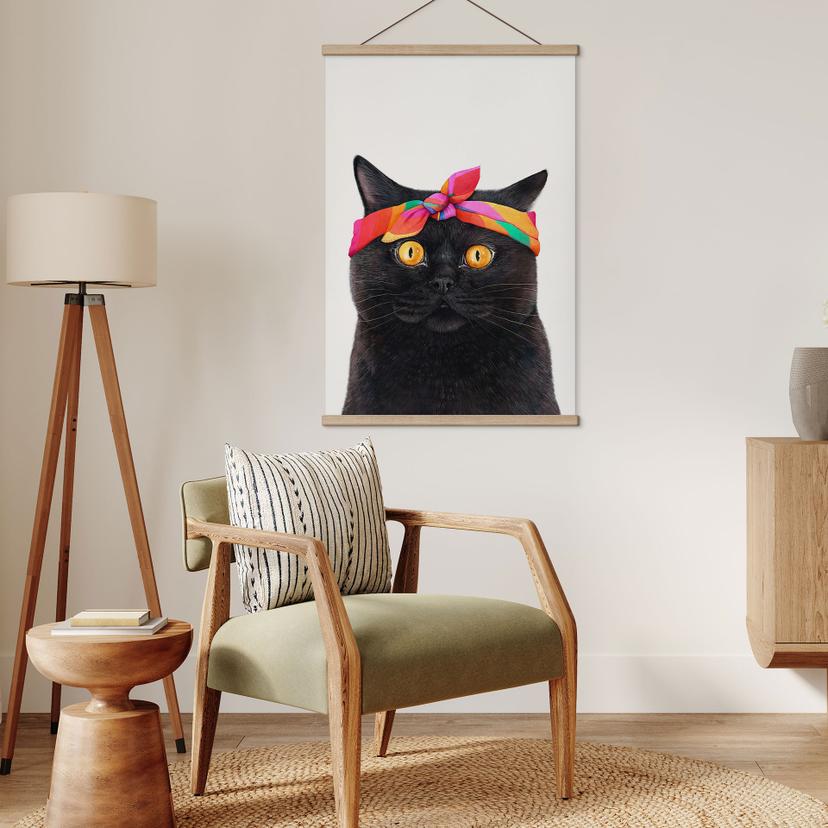 Textielposter Zwarte Kat met Bandana - Korenkova