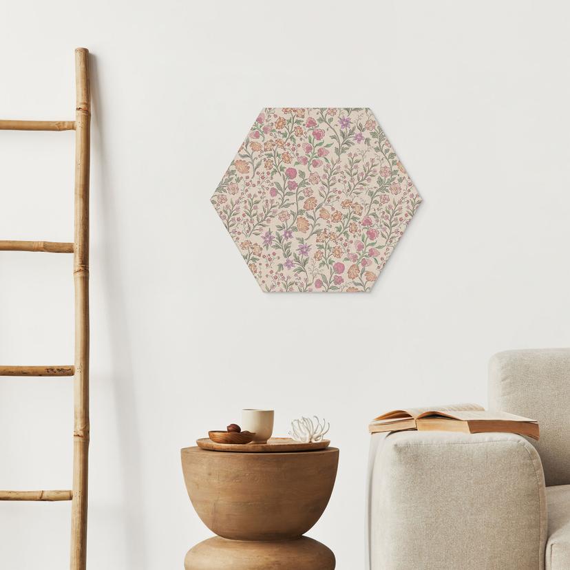 Stampe esagonali per pareti con fiori vintage - Beige - Decorazioni floreali - Alluminio Dibond