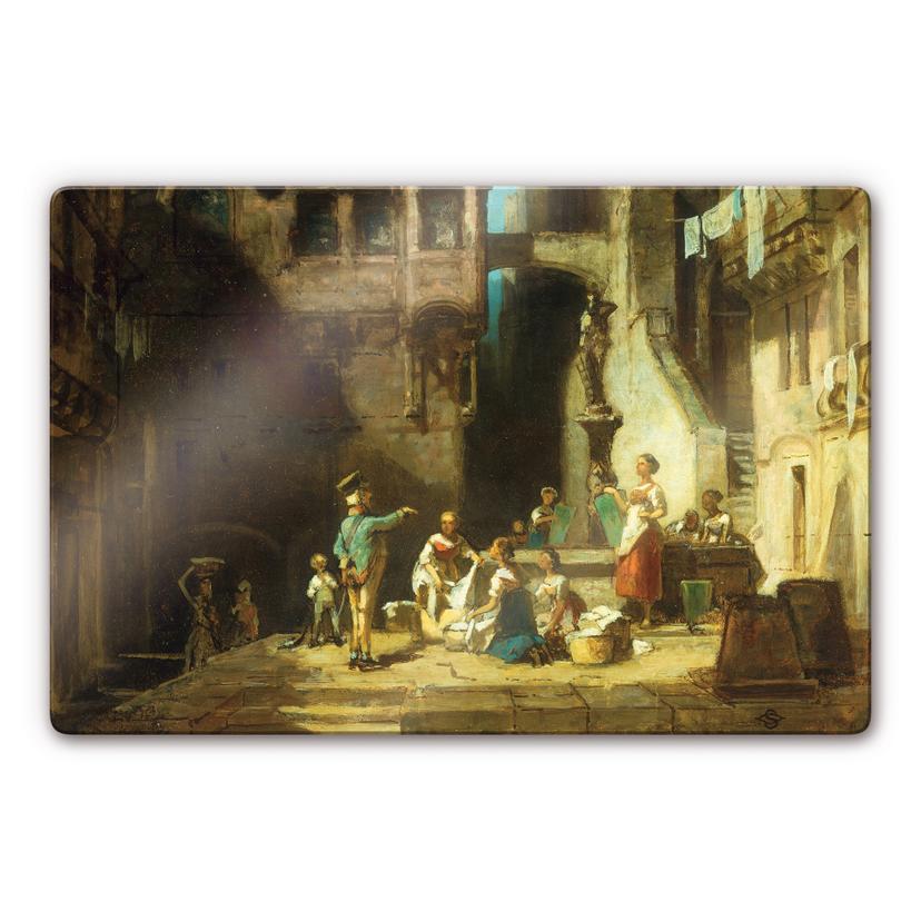 Tableau en verre - Spitzweg - Blanchisseuses autour d'un puits
