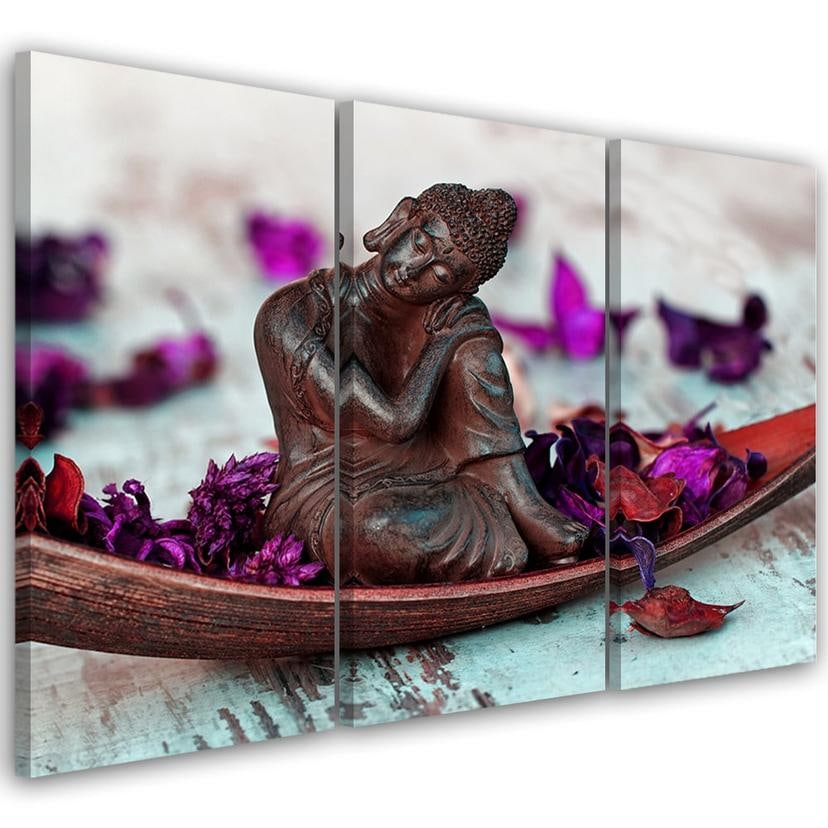 Impression sur toile en 3 parties, Bouddha Zen Fleurs