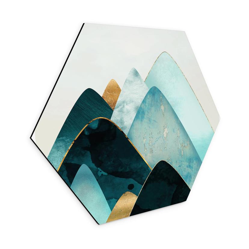 Hexagon Dibond Abstrakte bjerge i guld og blå - SpaceFrog Designs