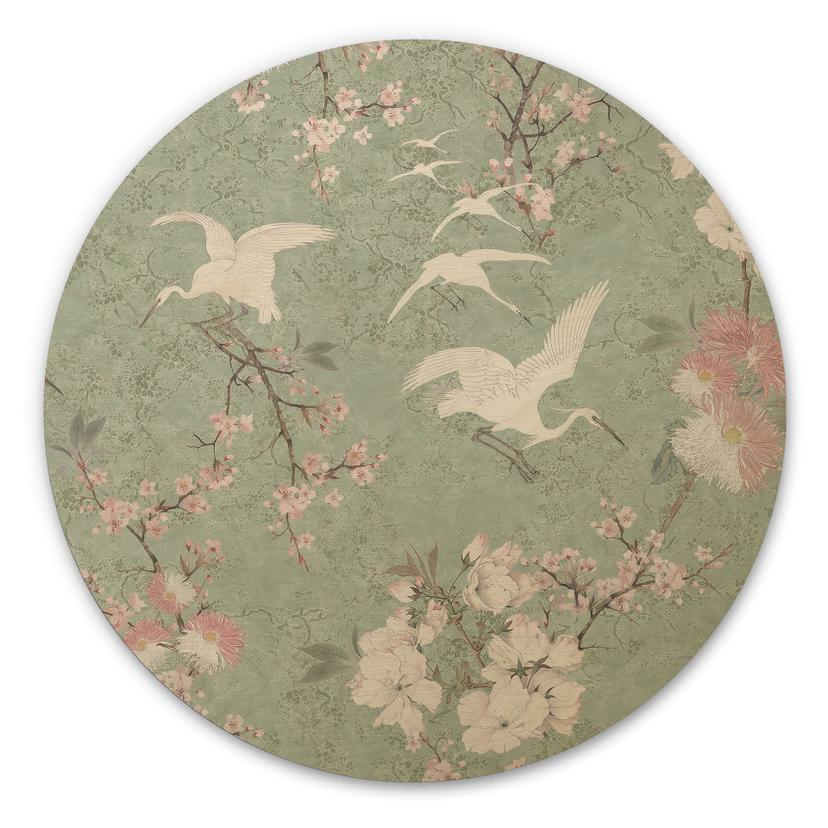 Cuadro de madera Grullas en Flor de Cerezo Verde Rush - Decoración Floral - Redondo