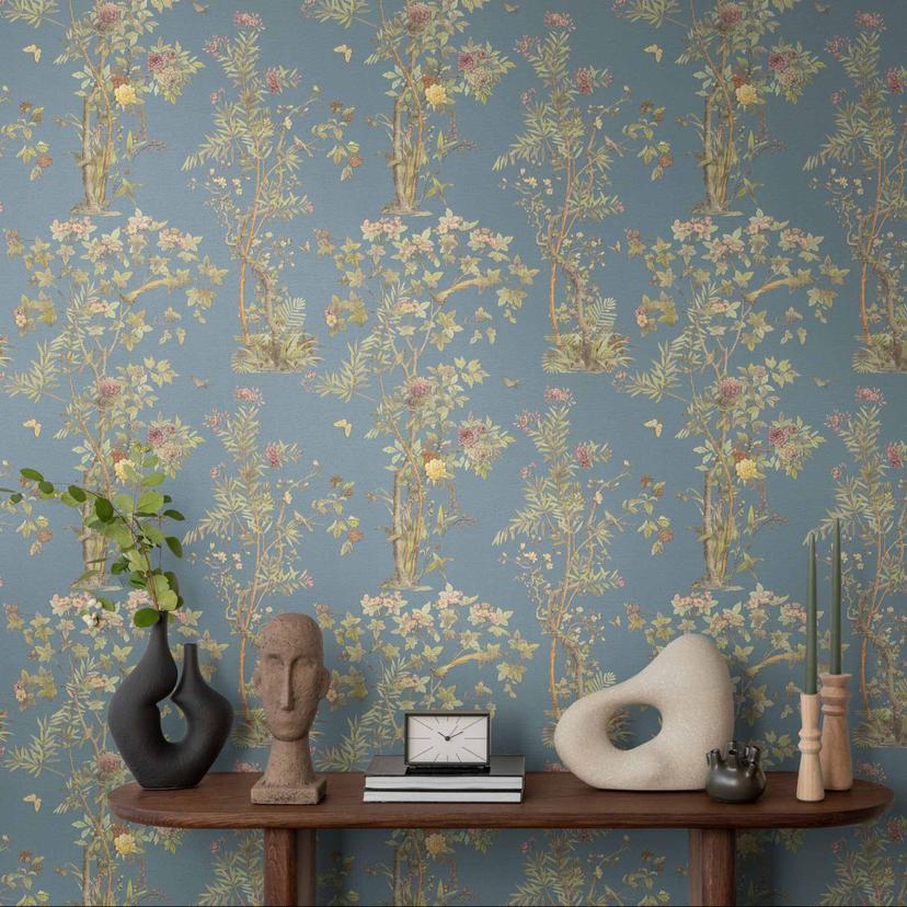 Papier peint à motifs floraux avec papillons bleu vert rose - Papier peint intissé à motifs naturels