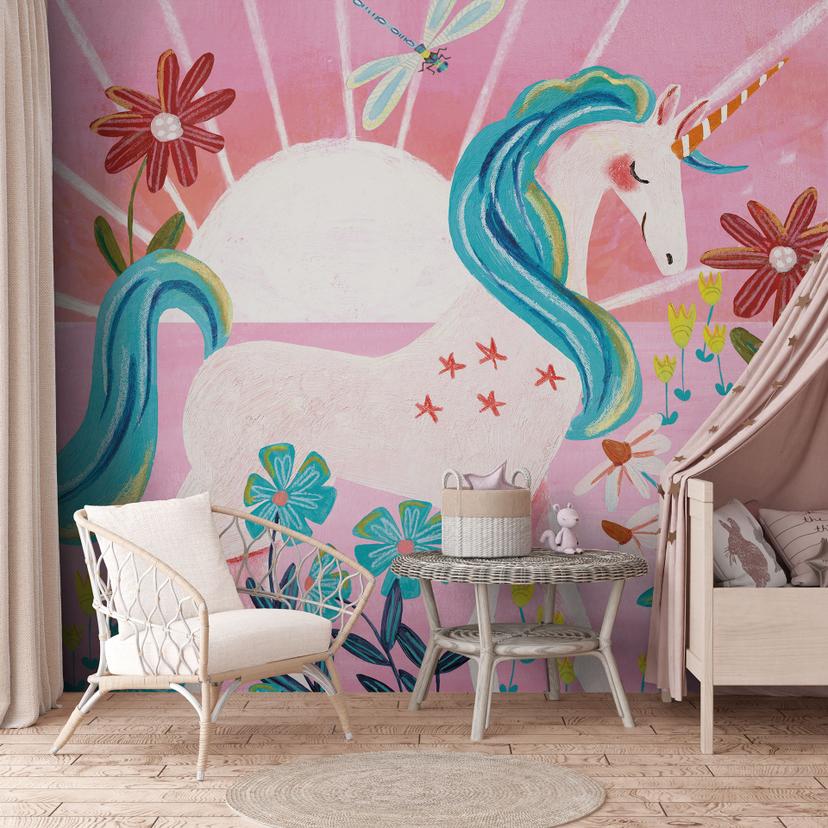Fotomural habitación de los niños unicornio en un prado de flores de colores - Bonne Müller