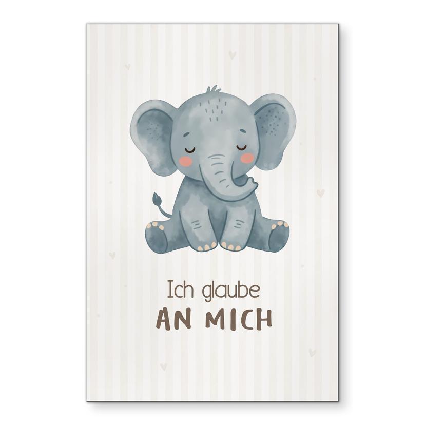 Alu-Dibond Wandbild mit Elefant - Kraftsatz 'Ich glaube an mich' für Kinder