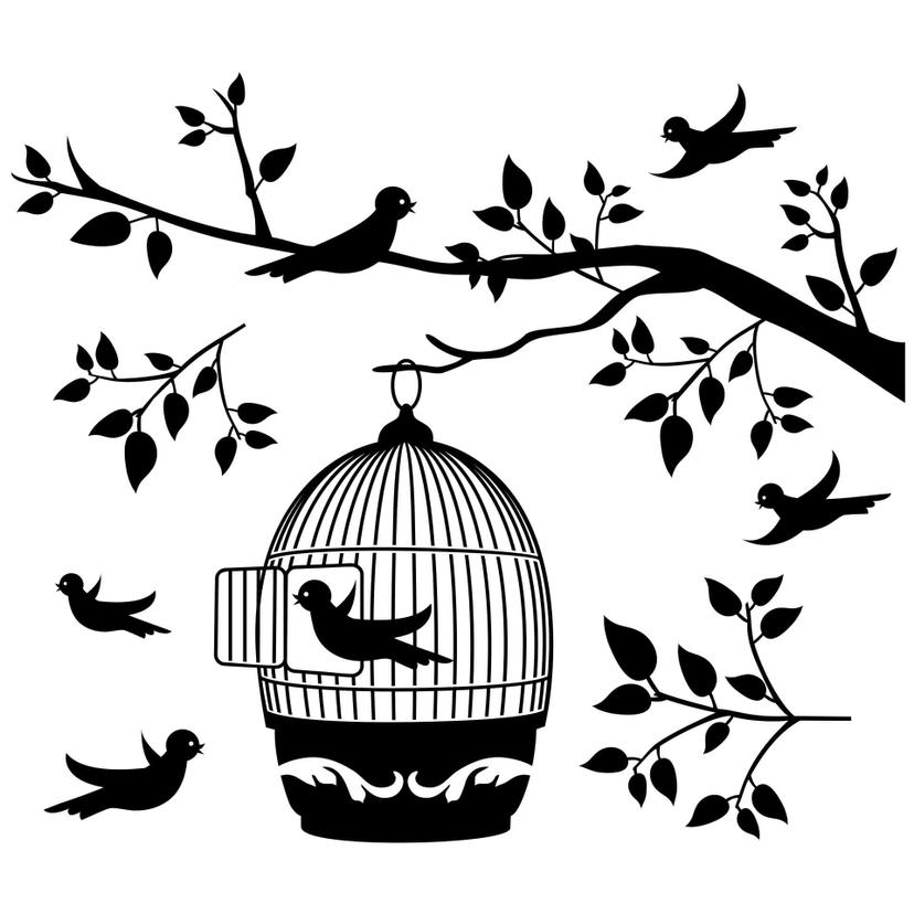 Sticker mural - Silhouette d'une branche avec cage