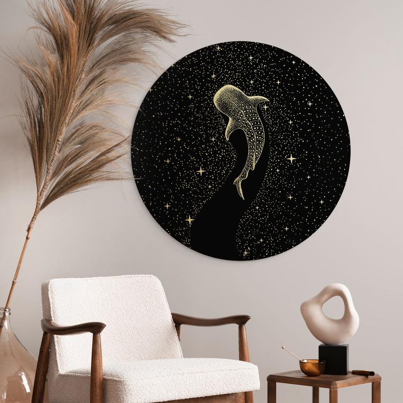 Stampe per pareti con effetto oro Squalo balena nell'oceano di stelle - Cakir - Alu-Dibond Round