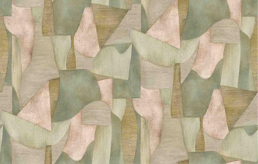 Fototapet med motiv Abstrakte former i salviegrøn og beige med linned 2,7 x 4,24 m