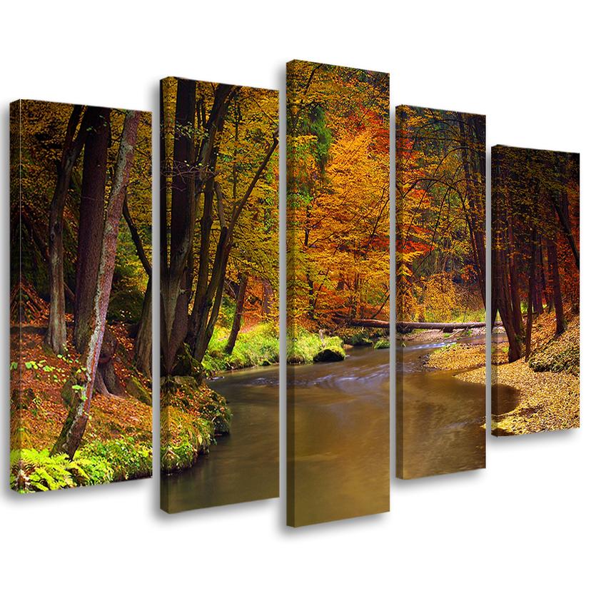 5 stykke lærred Print Autumn Forest River