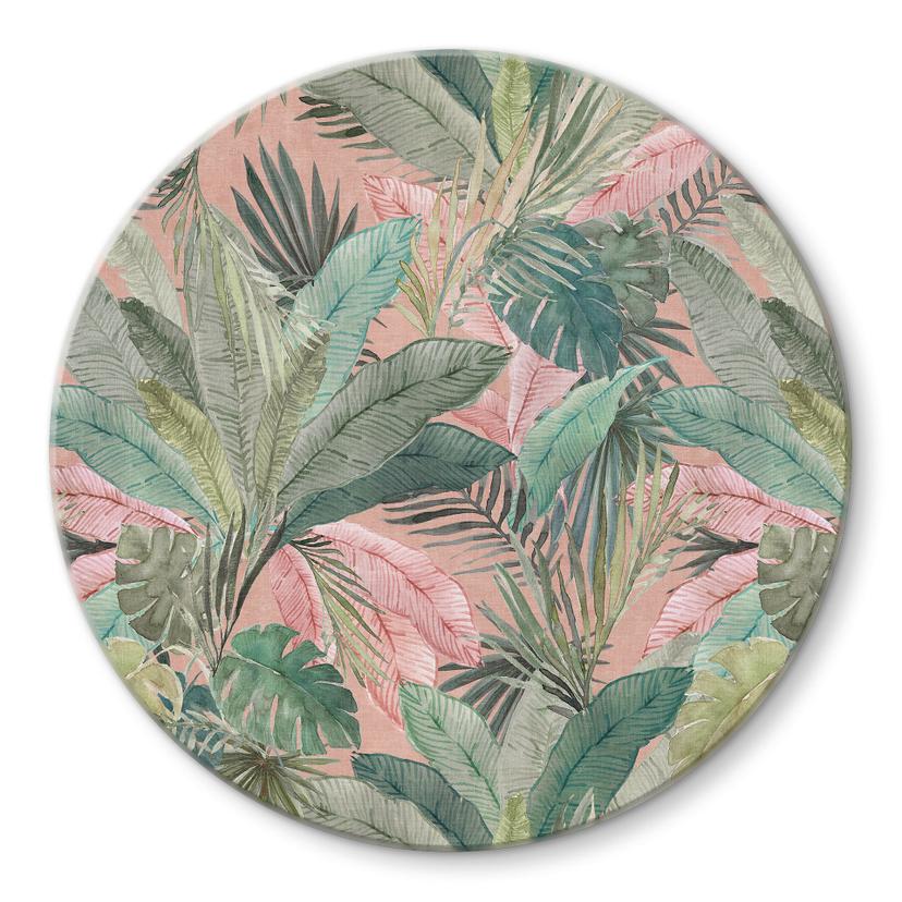 Tableau en verre Feuilles tropicales dans la jungle rose - Bloomery Decor - Rond