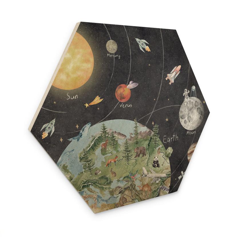 Houten Wanddecoratie zonnestelsel met planeten en aarde - Ms Tiff