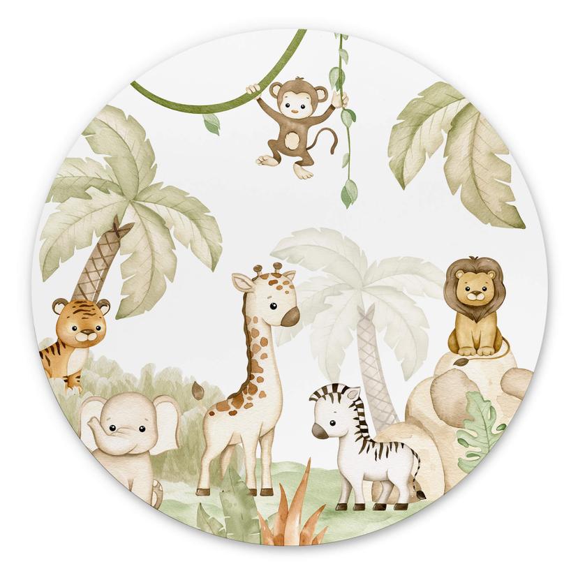 Vægcirkel Oliver Robins - Animals and Palm Trees – print på aluminium (Alu-Dibond)