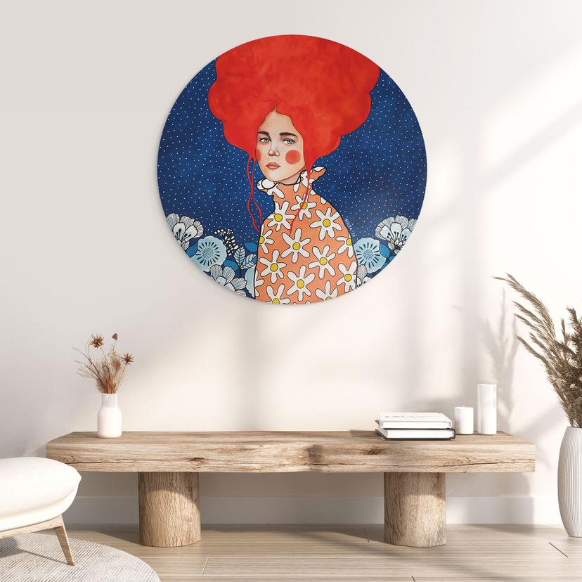 Stampe per pareti Donna con capelli rossi e fiori - Alluminio Dibond - Hülya - Rotondo