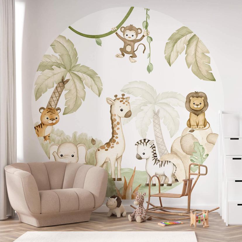 Tapet cirkel Oliver Robins - Animals and Palm Trees - vliesetapet/selvklæbende non-woven tapet